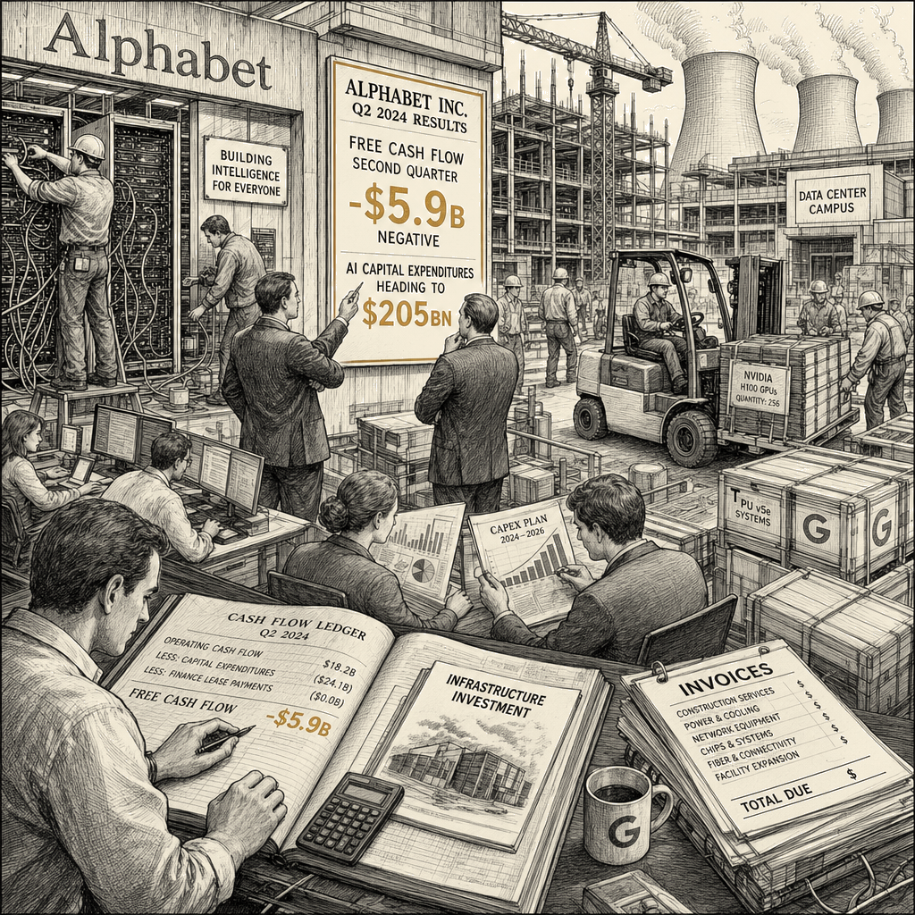 Illustration accompanying article: Alphabet posts negative free cash flow as AI capex heads to $205bn
