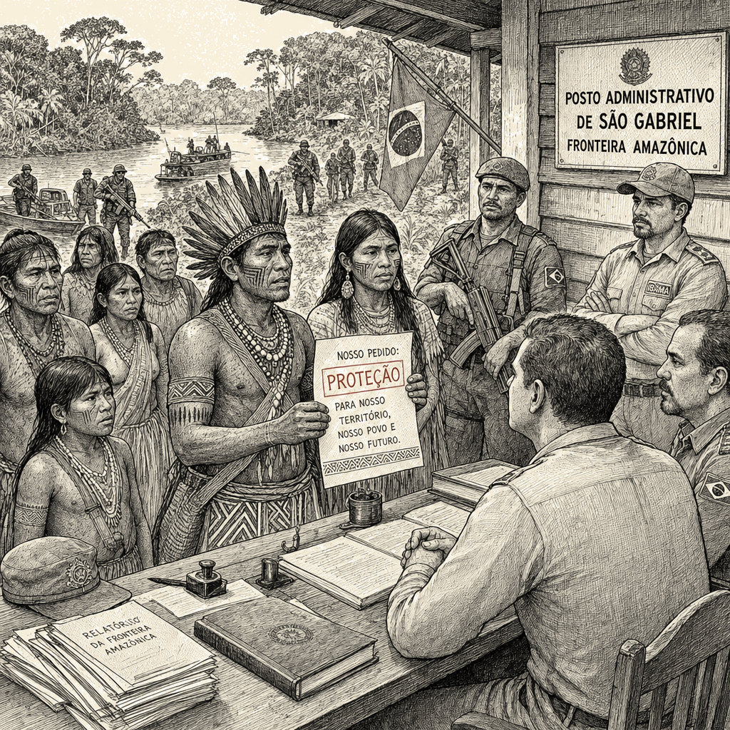 Illustration accompanying article: Ashaninka leaders urge Brazil protection as drug gangs encroach on Amazon territory