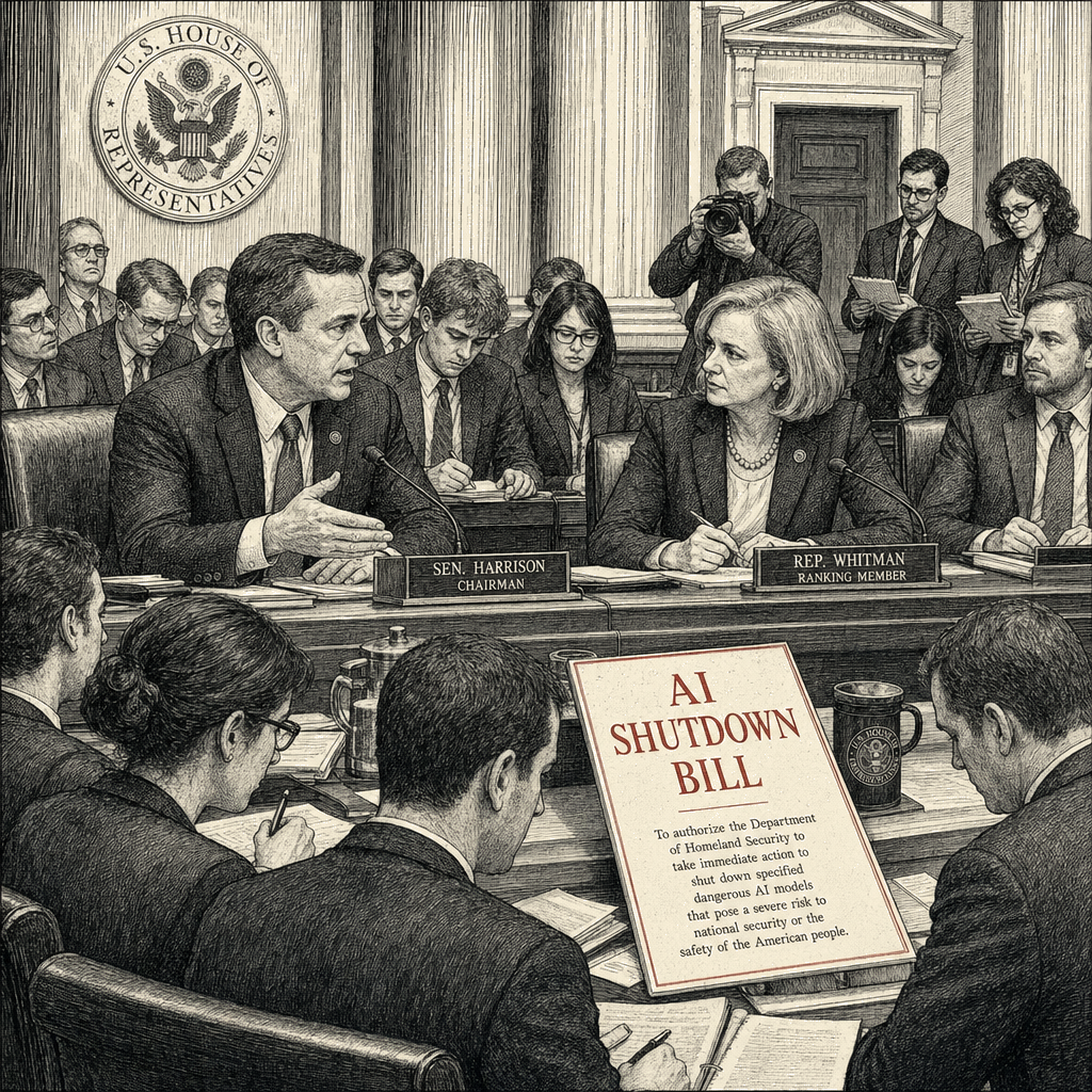 Illustration accompanying article: Bipartisan bill would give DHS power to shut down dangerous AI models