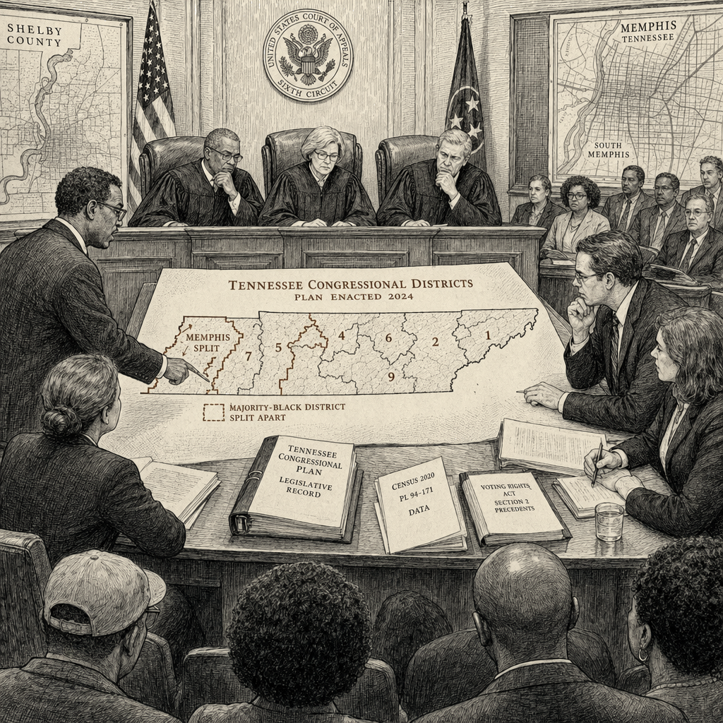 Illustration accompanying article: Federal judges allow Tennessee map splitting majority-Black district