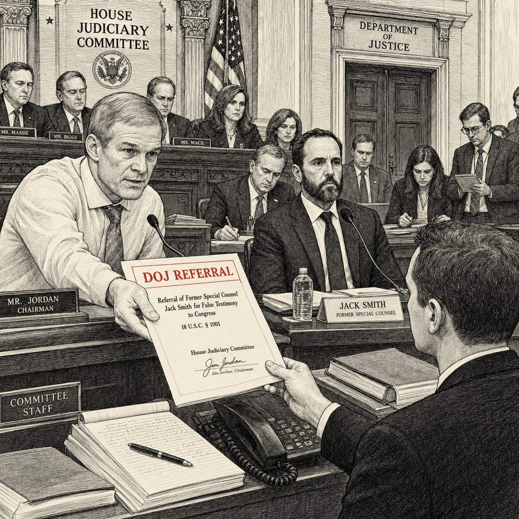 Illustration accompanying article: Jordan refers Smith to DOJ over alleged false congressional testimony