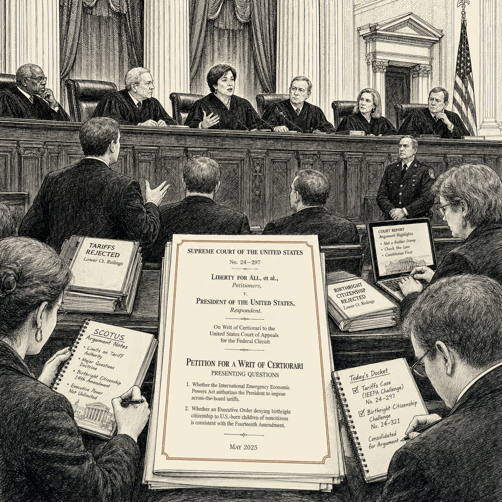 Illustration accompanying article: Kagan says Supreme Court has checked Trump on tariffs, birthright citizenship