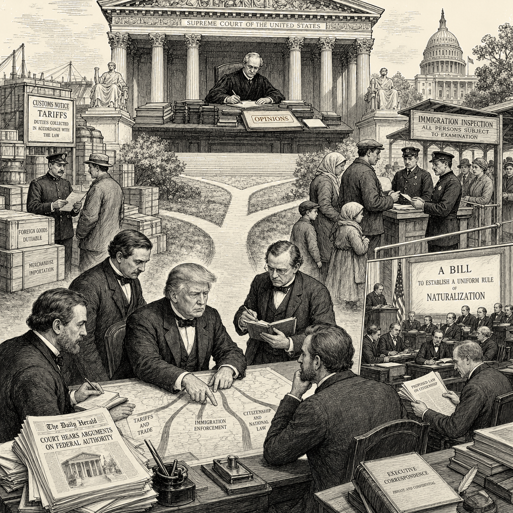 Illustration accompanying article: Kavanaugh opinions provide Trump legal roadmaps on tariffs, immigration