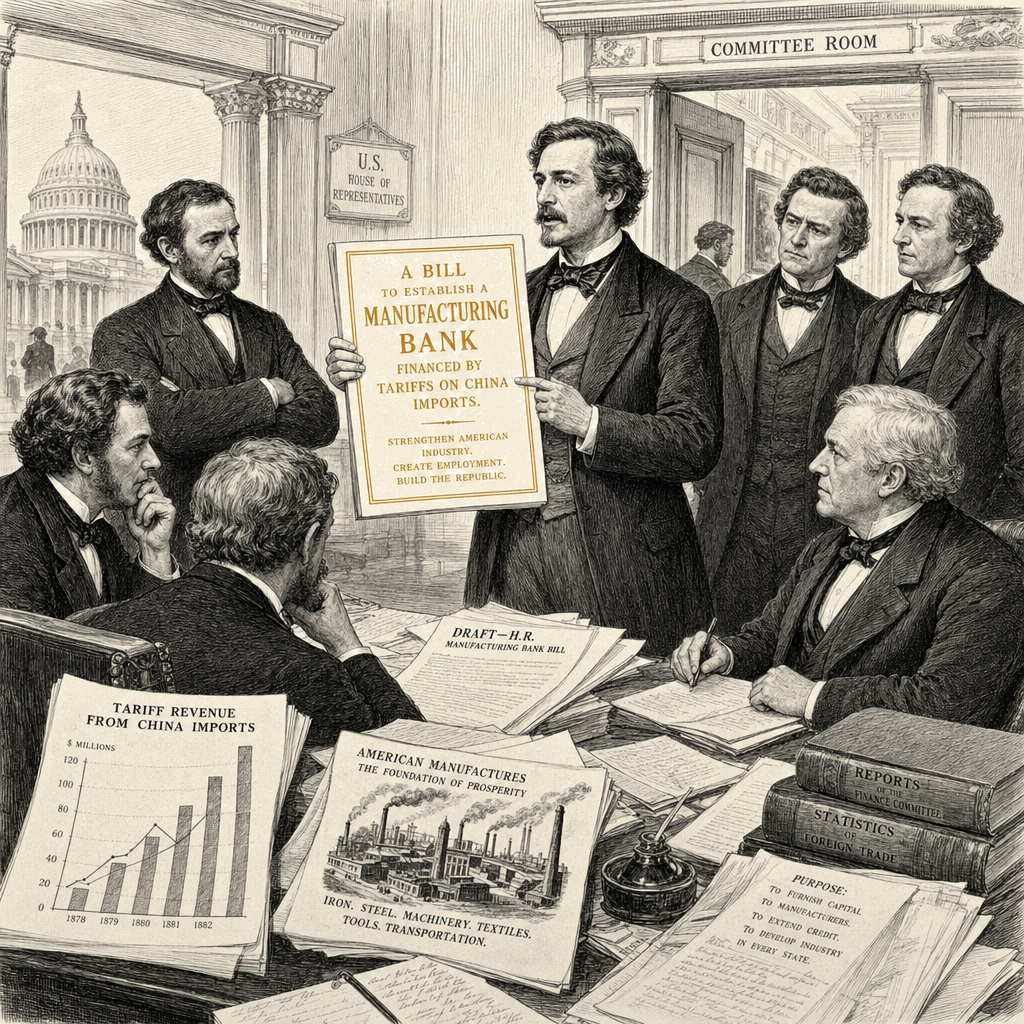 Illustration accompanying article: Khanna proposes manufacturing bank financed by China tariffs