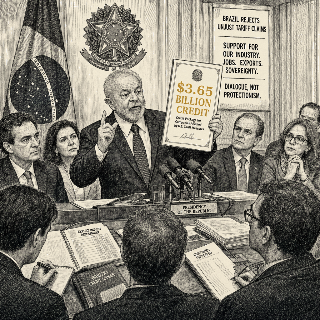 Illustration accompanying article: Lula rejects U.S. tariff claims, unveils $3.65 billion credit package