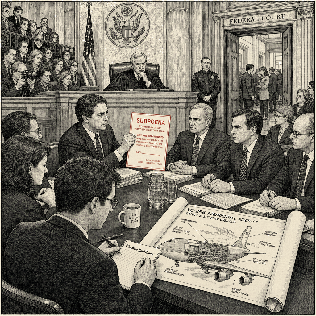 Illustration accompanying article: New York Times argues subpoenas are retaliation for reporting