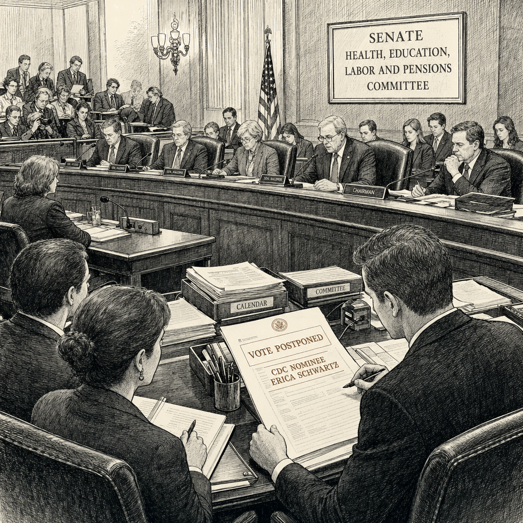 Illustration accompanying article: Senate health committee delays vote on CDC nominee Erica Schwartz