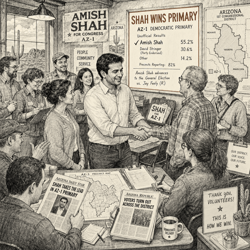 Illustration accompanying article: Shah wins Arizona Democratic primary, rejects party-backed rival