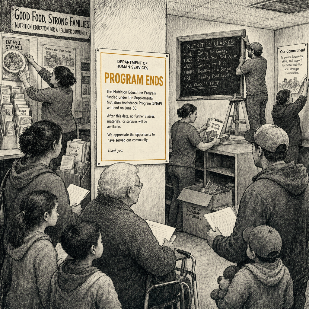 Illustration accompanying article: Trump administration ends landmark nutrition program for low-income Americans