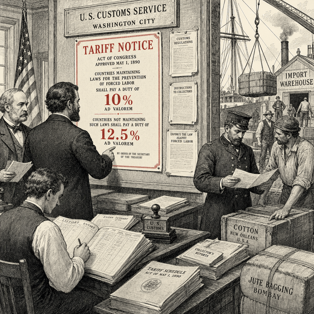 Illustration accompanying article: Trump administration imposes 10% to 12.5% forced-labor tariffs on countries