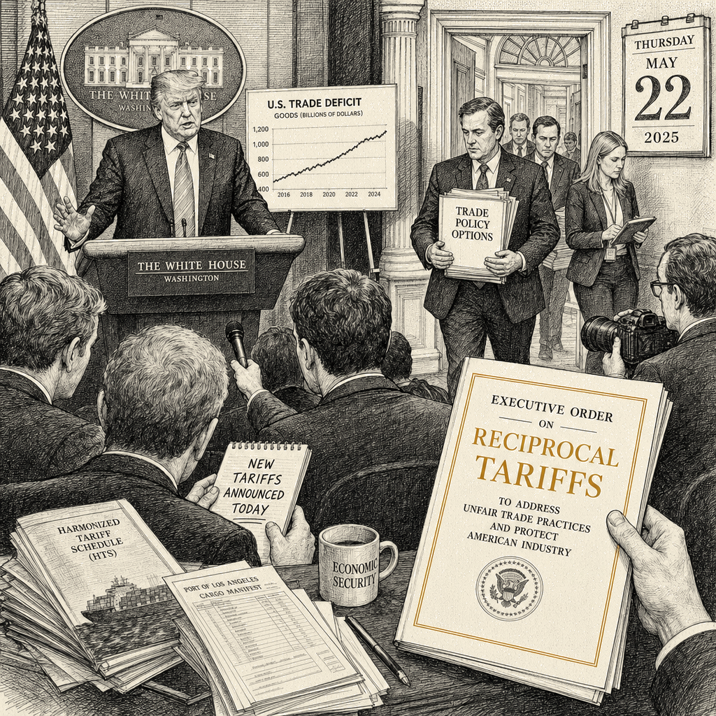 Illustration accompanying article: Trump administration to announce new trade measures Thursday