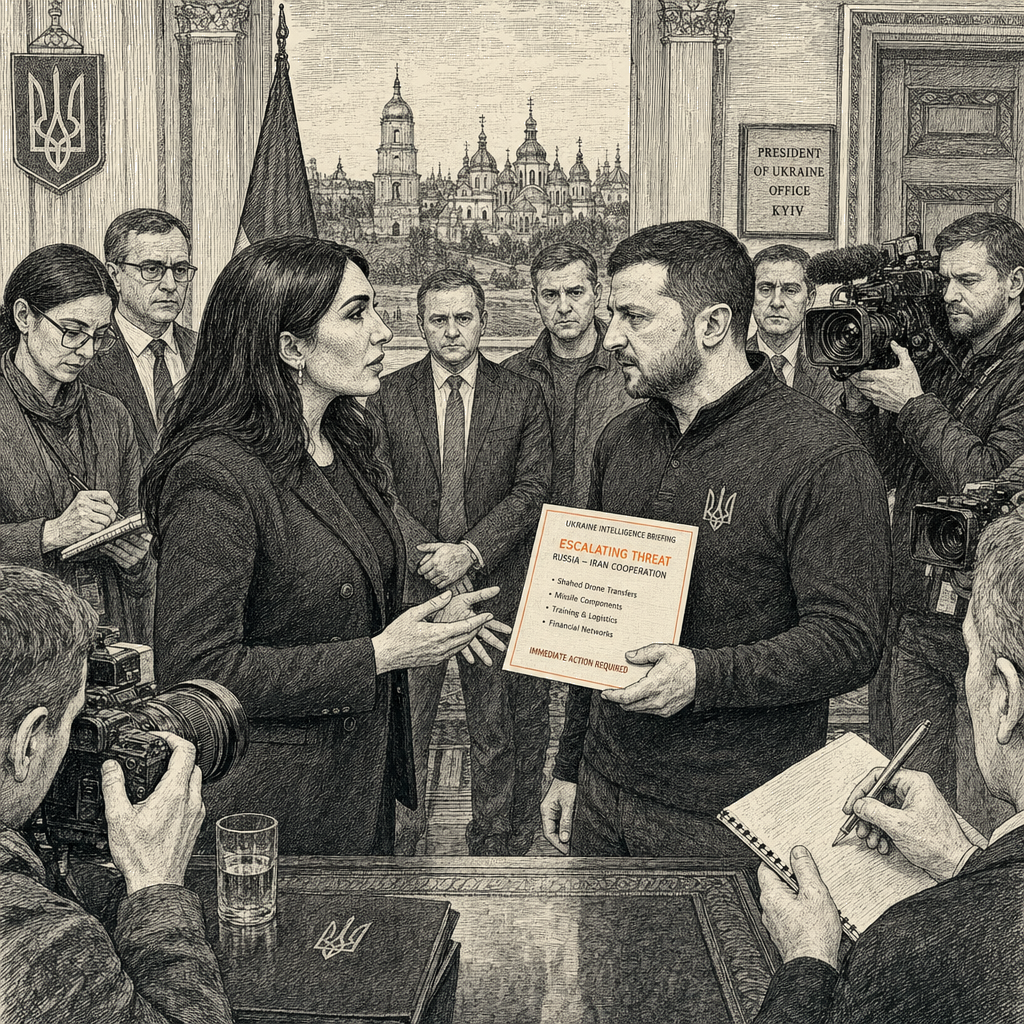 Illustration accompanying article: Trump Ally Loomer Meets Zelenskyy After Recanting Ukraine Criticism