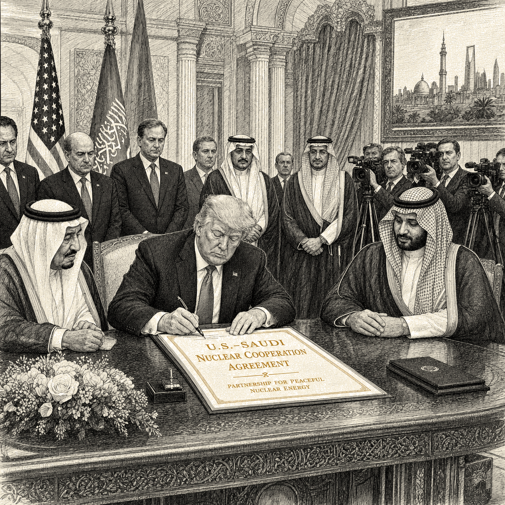 Illustration accompanying article: Trump signs Saudi nuclear deal without Israel normalization demand