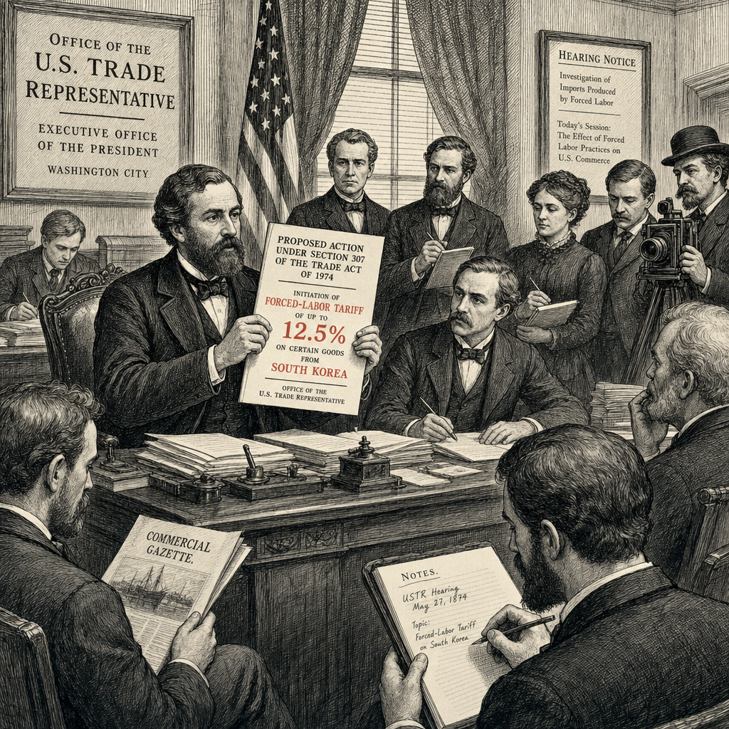 Illustration accompanying article: U.S. could announce up to 12.5% forced-labor tariff on South Korea