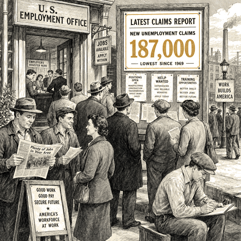 Illustration accompanying article: US jobless claims fall to 187,000, lowest since 1969