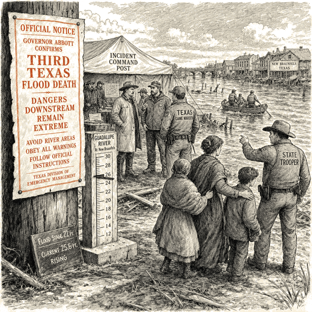 Illustration accompanying article: Abbott confirms third Texas flood death, warns of dangers downstream