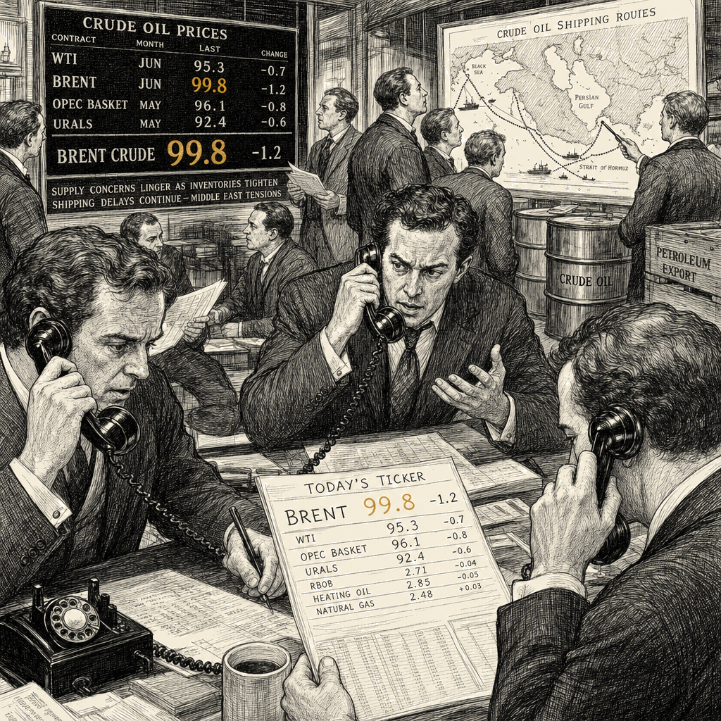 Illustration accompanying article: Brent crude slips to $99.8 but stays elevated on supply fears