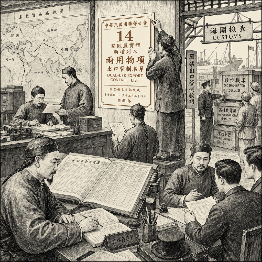 Illustration accompanying article: China adds 14 EU entities to dual-use export control list