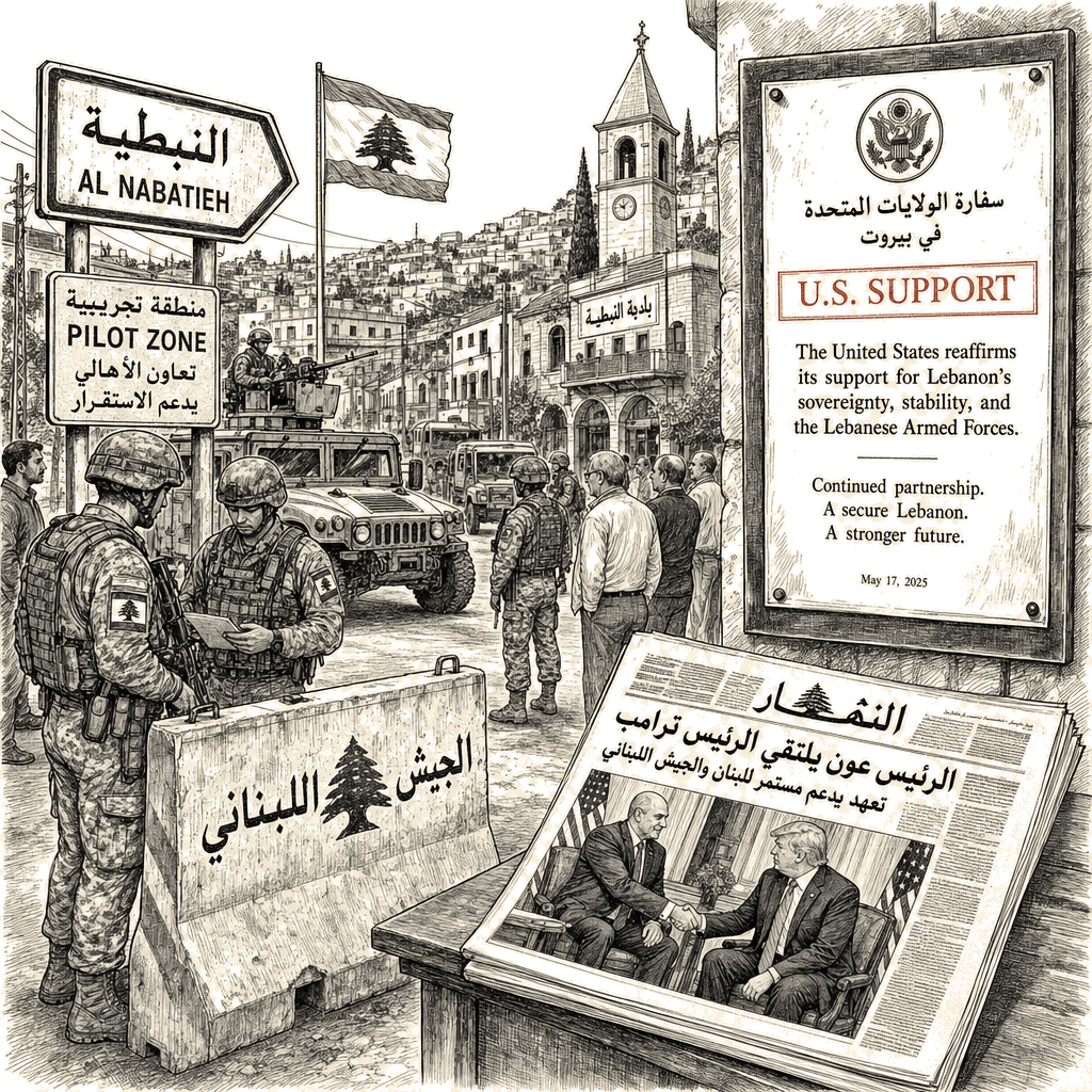 Illustration accompanying article: Lebanese Army deploys in southern Lebanon pilot zones as Aoun meets Trump