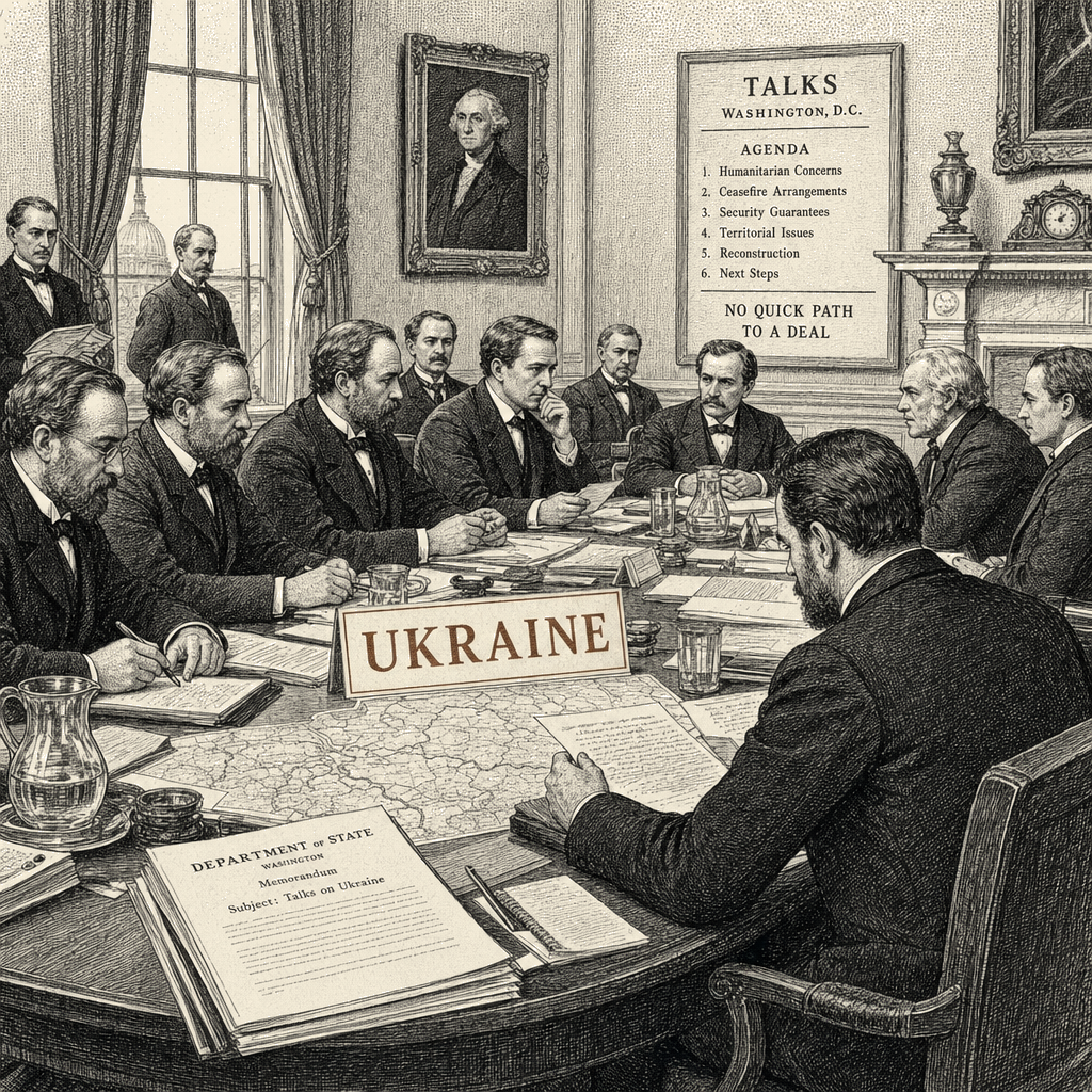 Illustration accompanying article: Rubio says no quick path to Ukraine deal in new bid to restart talks