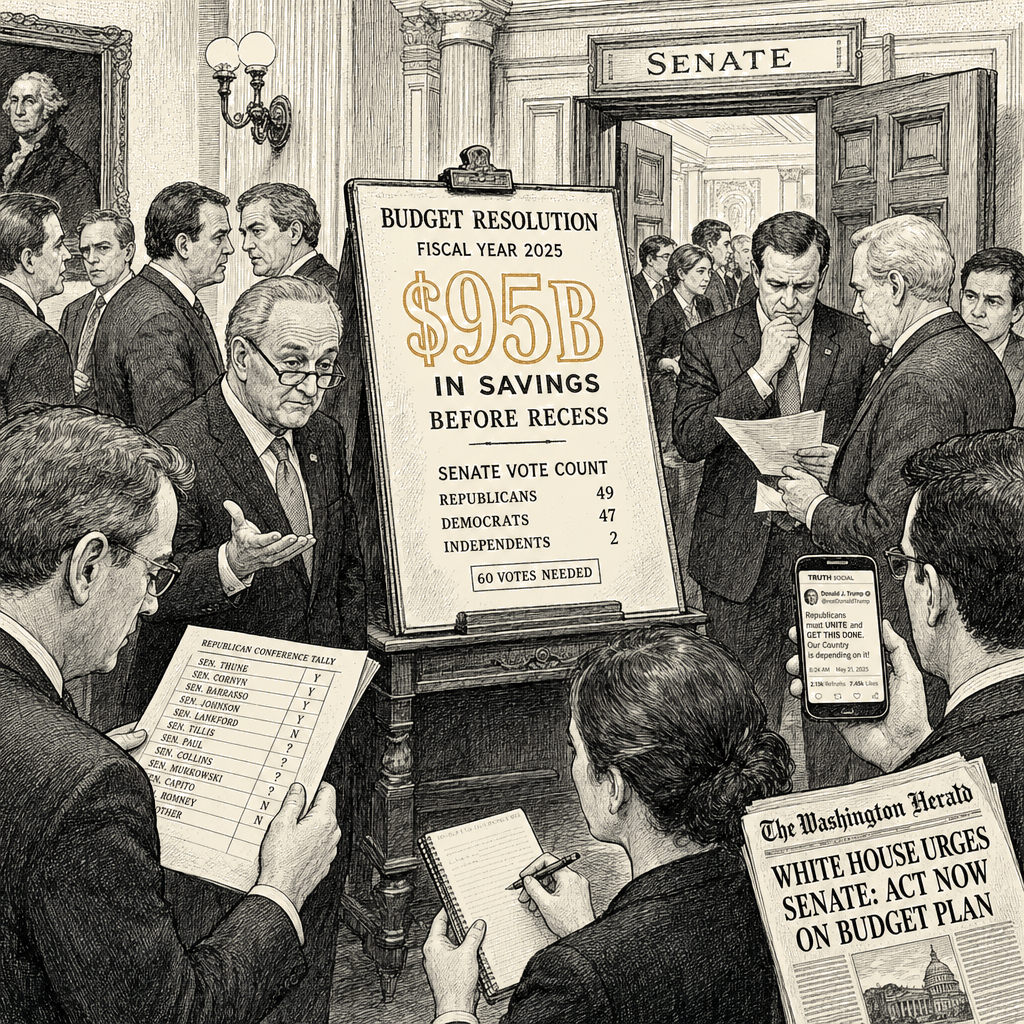Illustration accompanying article: Senate GOP leader says votes not there for $95B budget push
