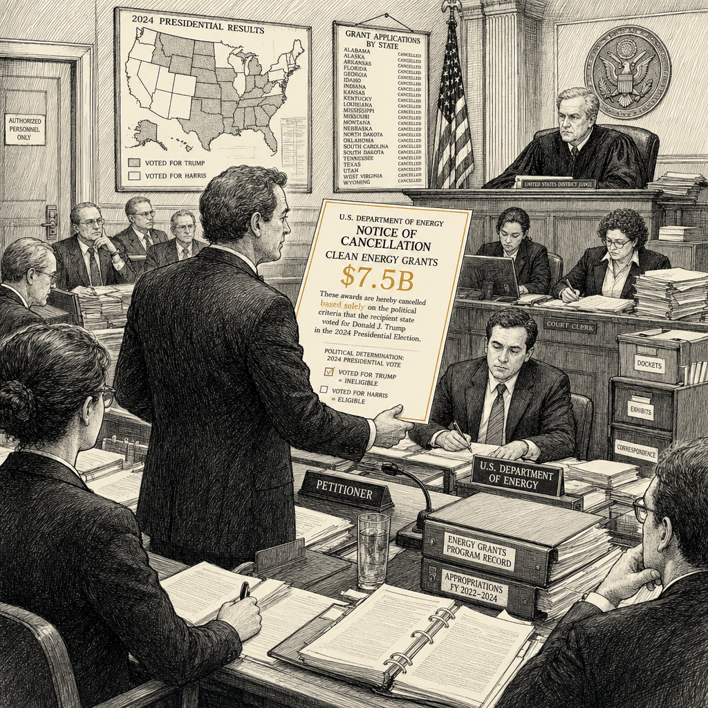 Illustration accompanying article: Trump administration admits canceling clean energy grants based on political criteria