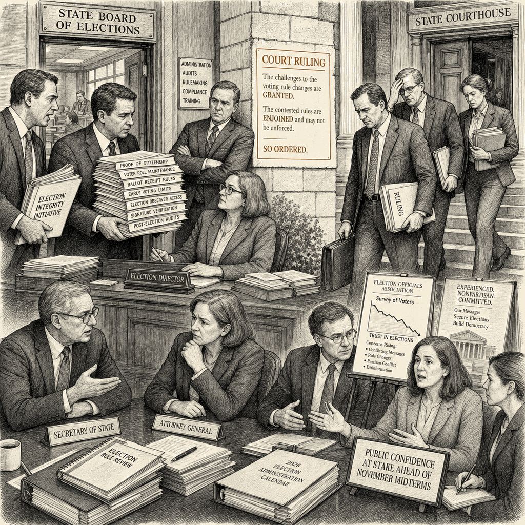 Illustration accompanying article: Trump administration election push faces court losses, bipartisan resistance