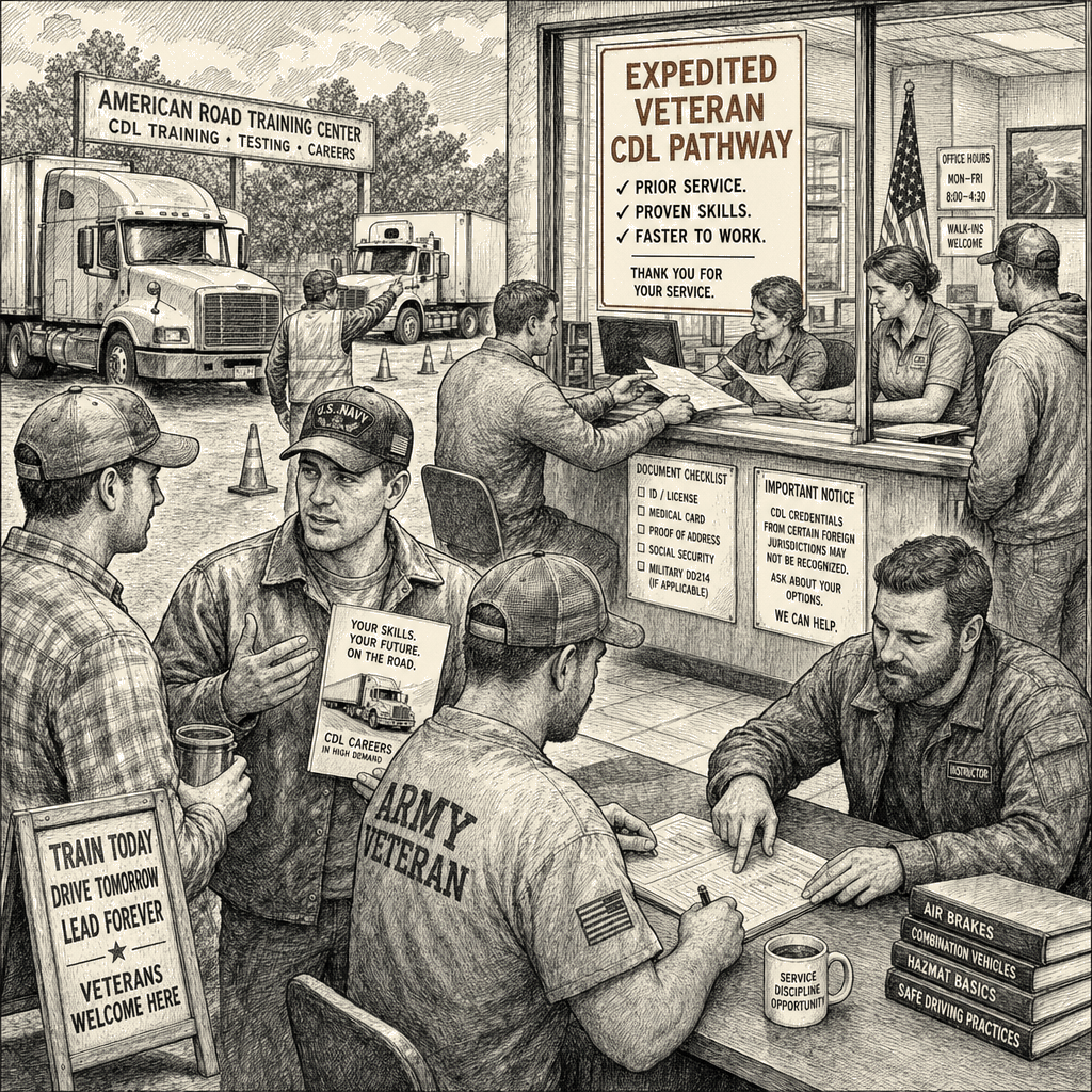 Illustration accompanying article: Trump administration promotes veteran CDL pathways to offset immigrant driver losses