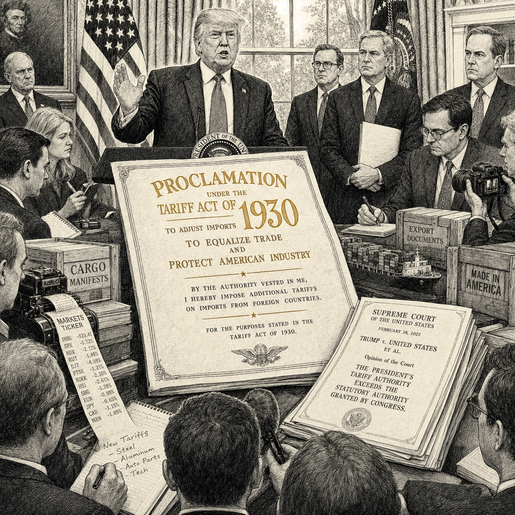 Illustration accompanying article: Trump invokes 1930 tariff law to escalate trade war