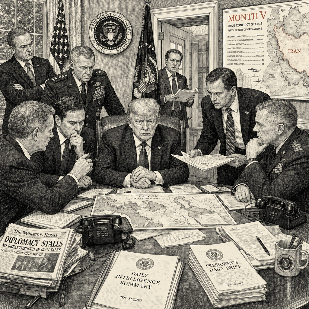 Illustration accompanying article: Trump's frustration grows as Iran war enters fifth month, diplomacy stalls