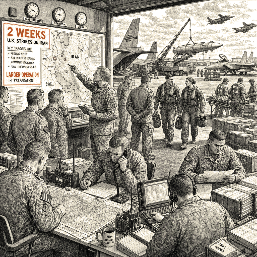 Illustration accompanying article: U.S. strikes Iran for two weeks, mobilizes forces for larger operation