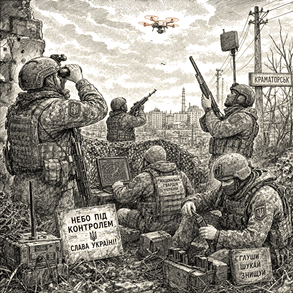 Illustration accompanying article: Ukraine's National Guard pivots attack unit to hunting Russian drones