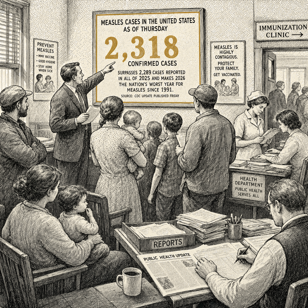 Illustration accompanying article: US measles tally passes 2025 record with months still to go