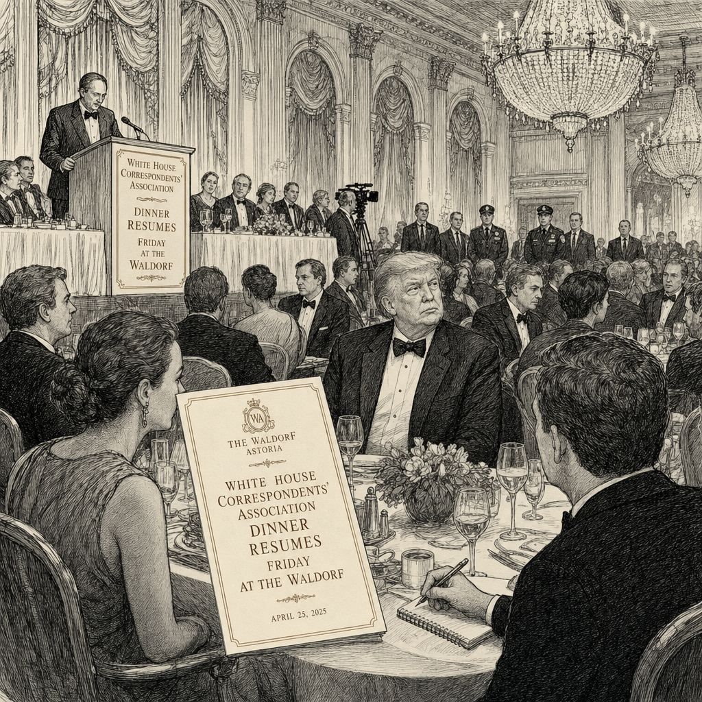 Illustration accompanying article: White House correspondents’ dinner resumes with Trump after April attack
