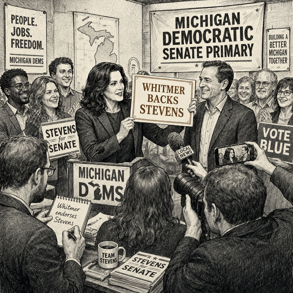 Illustration accompanying article: Whitmer backs Stevens in Michigan Democratic Senate primary