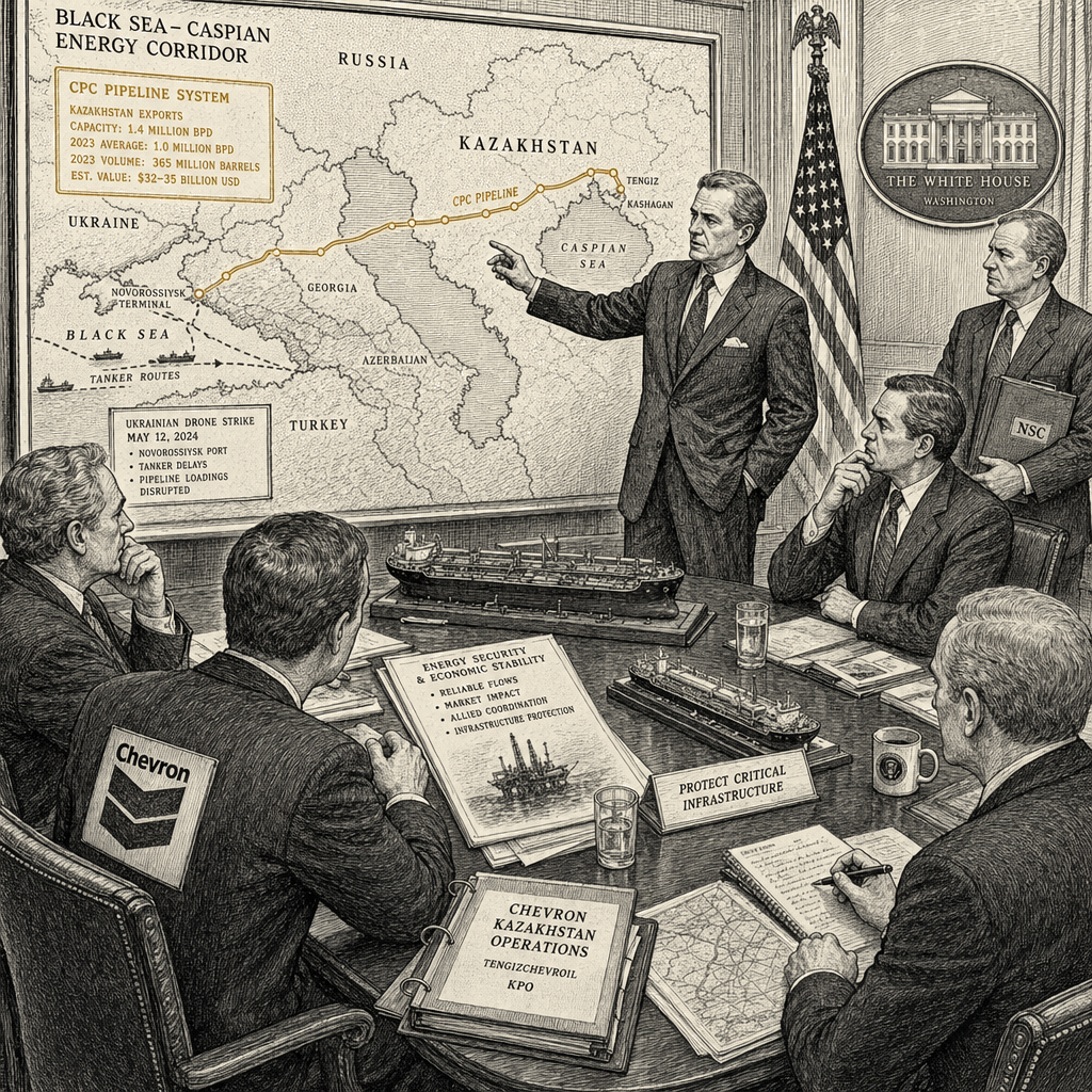 Illustration accompanying article: Chevron discusses protecting Kazakh oil operations with White House officials