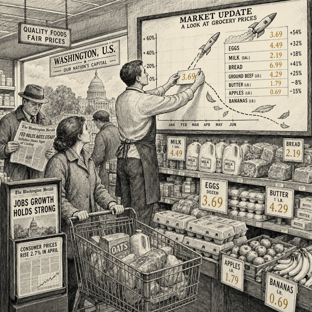 Illustration accompanying article: Economists describe grocery price pattern as rockets and feathers