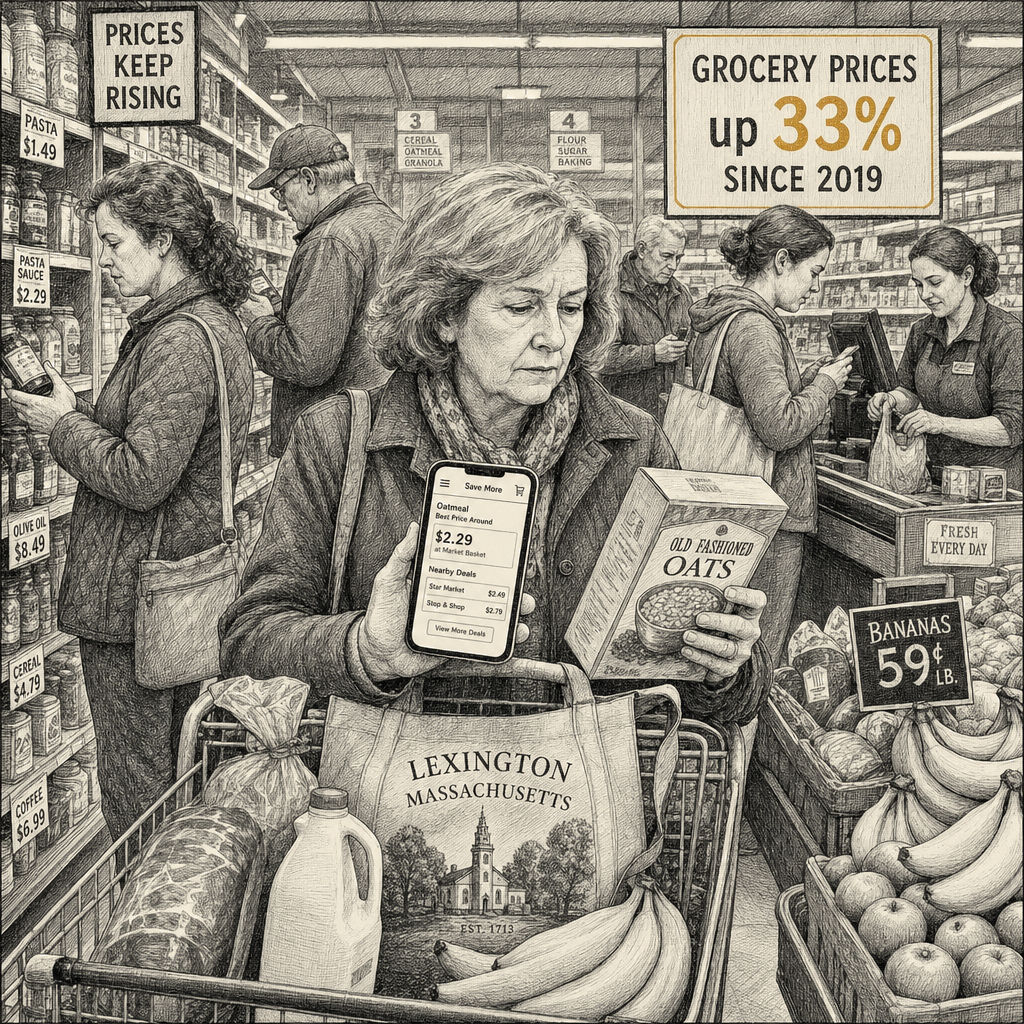 Illustration accompanying article: Grocery prices up 33% since 2019 as shoppers change buying habits