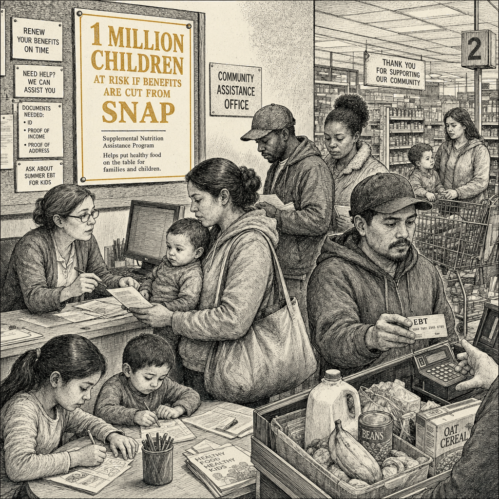 Illustration accompanying article: More than 1 million children lose SNAP benefits after Trump bill