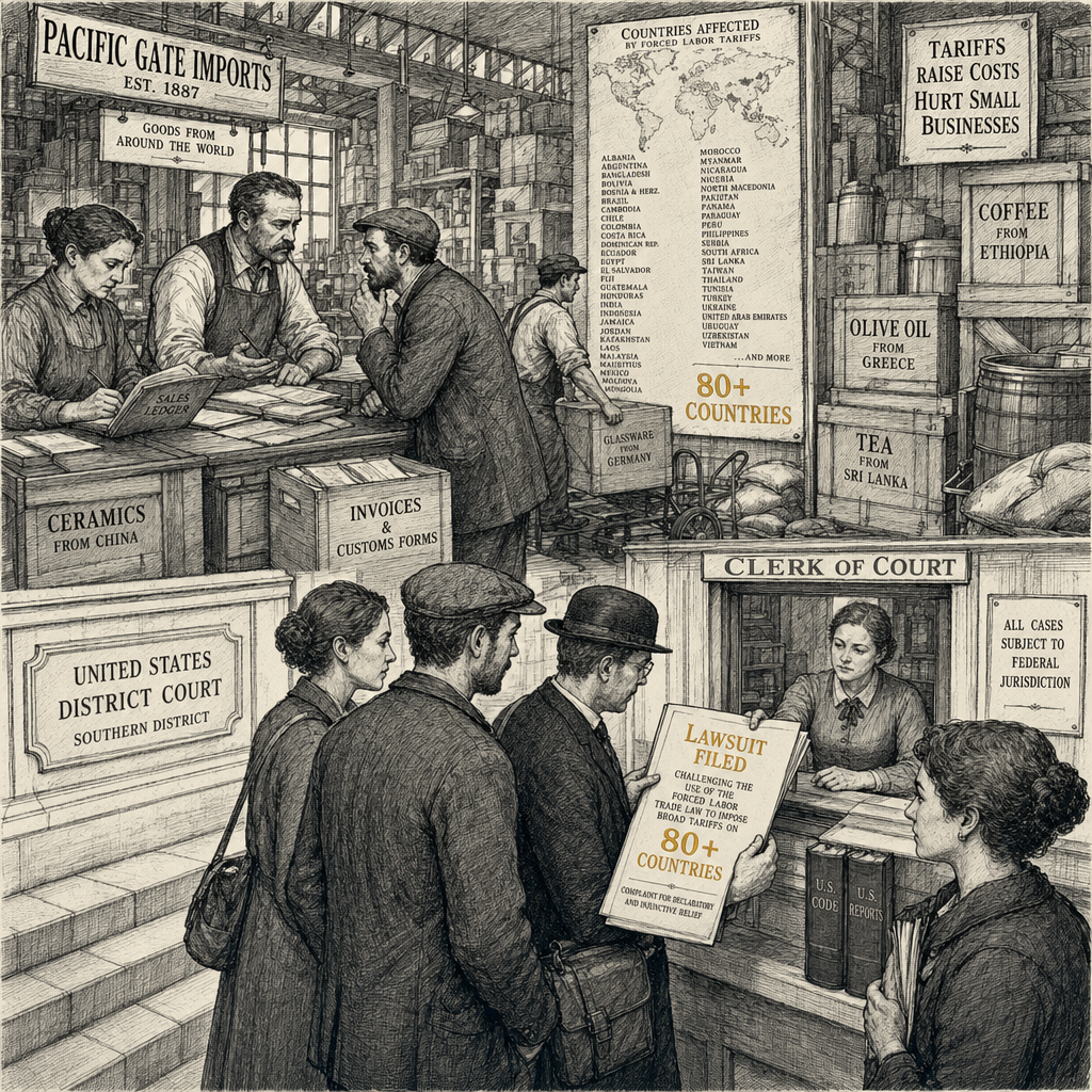 Illustration accompanying article: Small businesses sue over Trump's new forced-labor tariffs