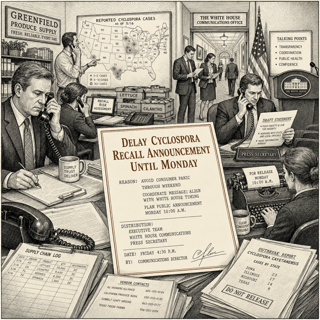 Illustration accompanying article: Taylor Farms contacts White House to delay cyclospora recall announcement