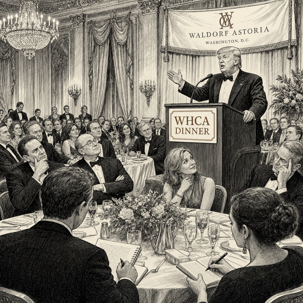 Illustration accompanying article: Trump delivers speech at rescheduled correspondents’ dinner, addresses press and rivals
