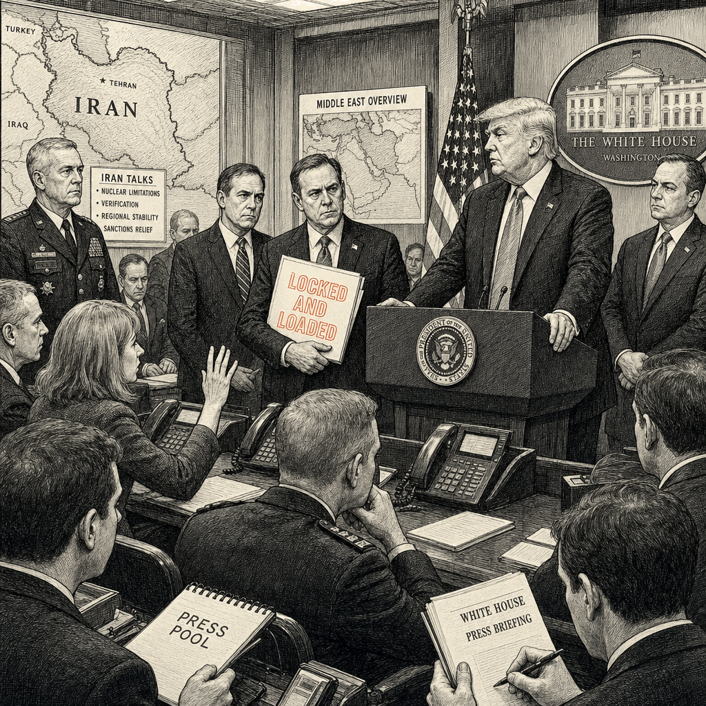 Illustration accompanying article: Trump says U.S. is 'locked and loaded' as Iran talks continue