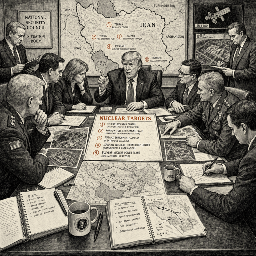 Illustration accompanying article: Trump threatens wider Iran strikes, experts list remaining nuclear targets