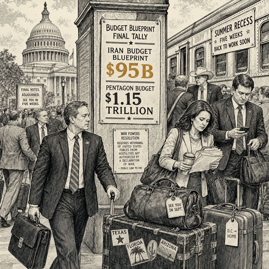 Illustration accompanying article: House GOP departs for recess after $95B Iran budget, war powers resolution