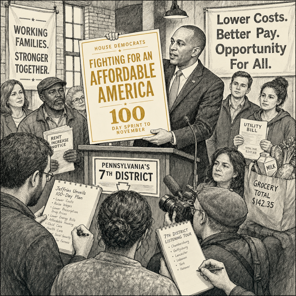 Illustration accompanying article: Jeffries launches Democrats' affordability agenda at 100-day midterm mark