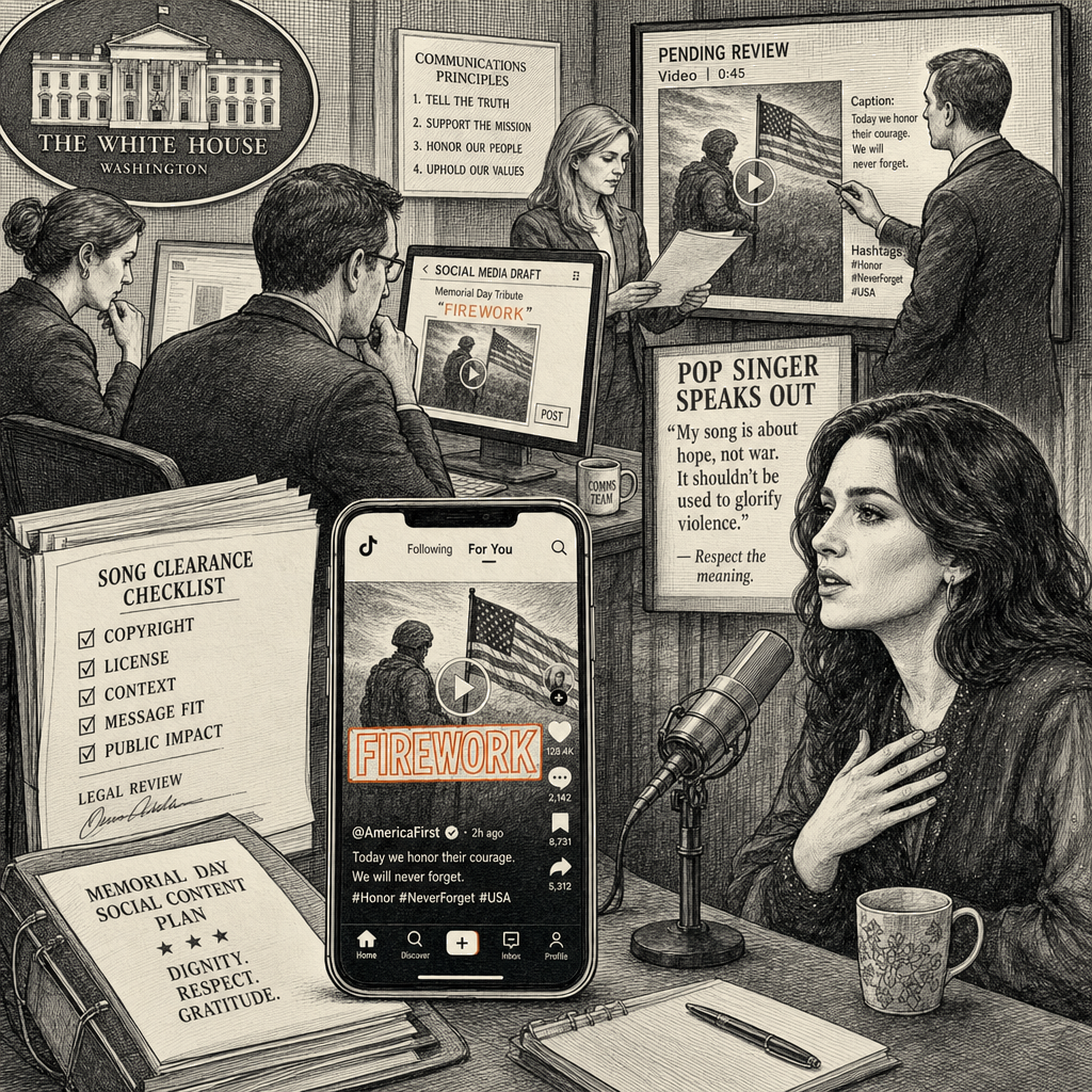 Illustration accompanying article: Katy Perry condemns White House for using 'Firework' in Iran war video