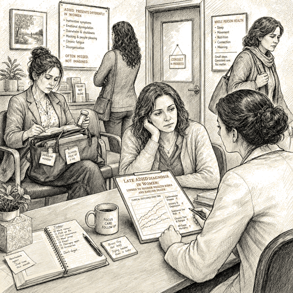 Illustration accompanying article: Late ADHD diagnoses in women linked to higher health risks, earlier death
