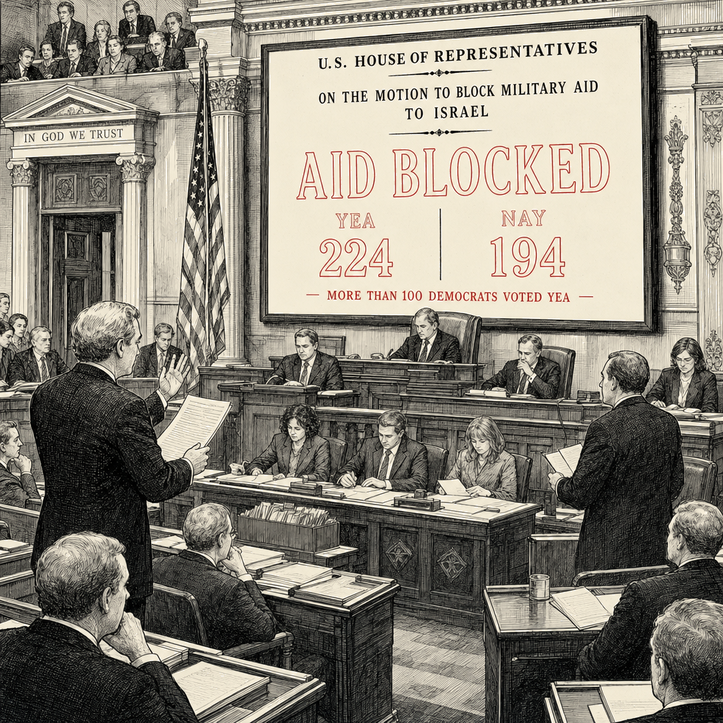 Illustration accompanying article: Nearly half of House Democrats vote to block Israel military aid