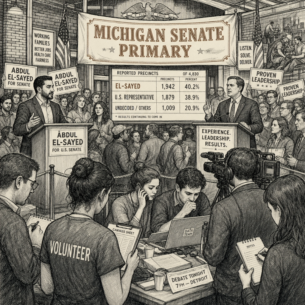 Illustration accompanying article: Progressive and moderate Democrats locked in tight Michigan Senate primary